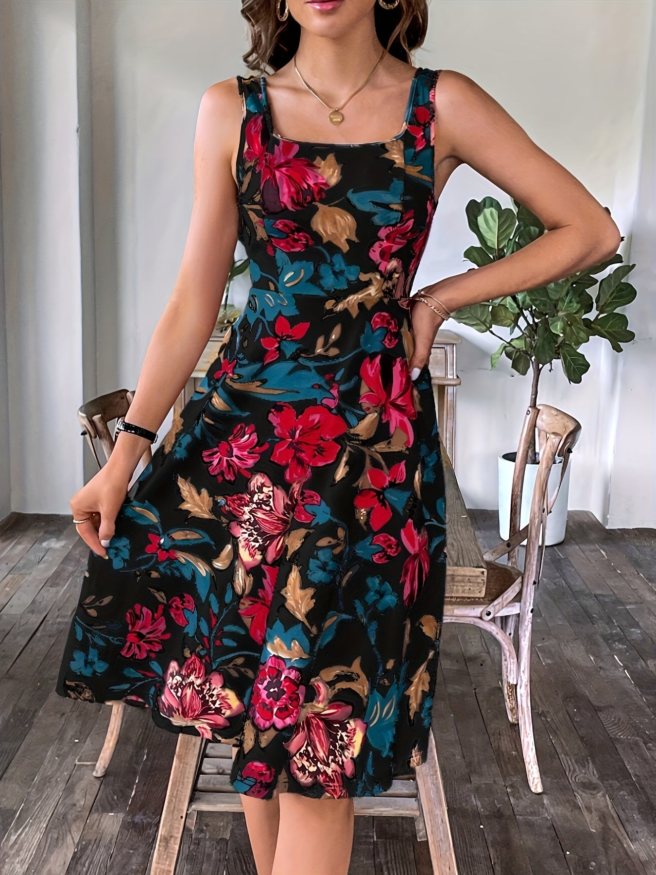 Floral Allover Print Tank Dress, Vacation Sleeveless Square Neck Waist Dress, Women's Clothing