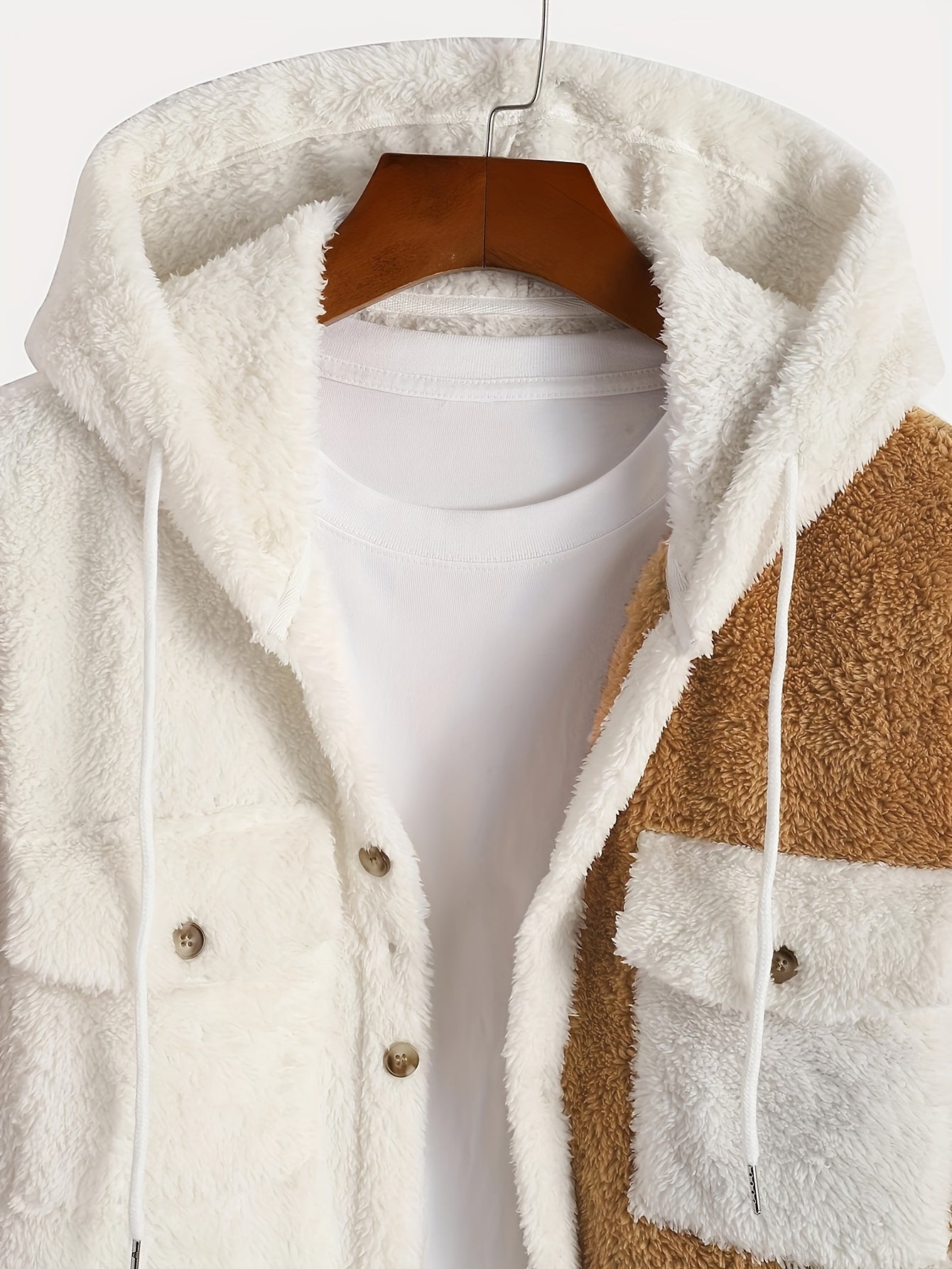 Men's Fluffy Hooded Sweatshirt Casual Long Sleeve Color Block Hoodies With Button Gym Sports Hooded Jacket