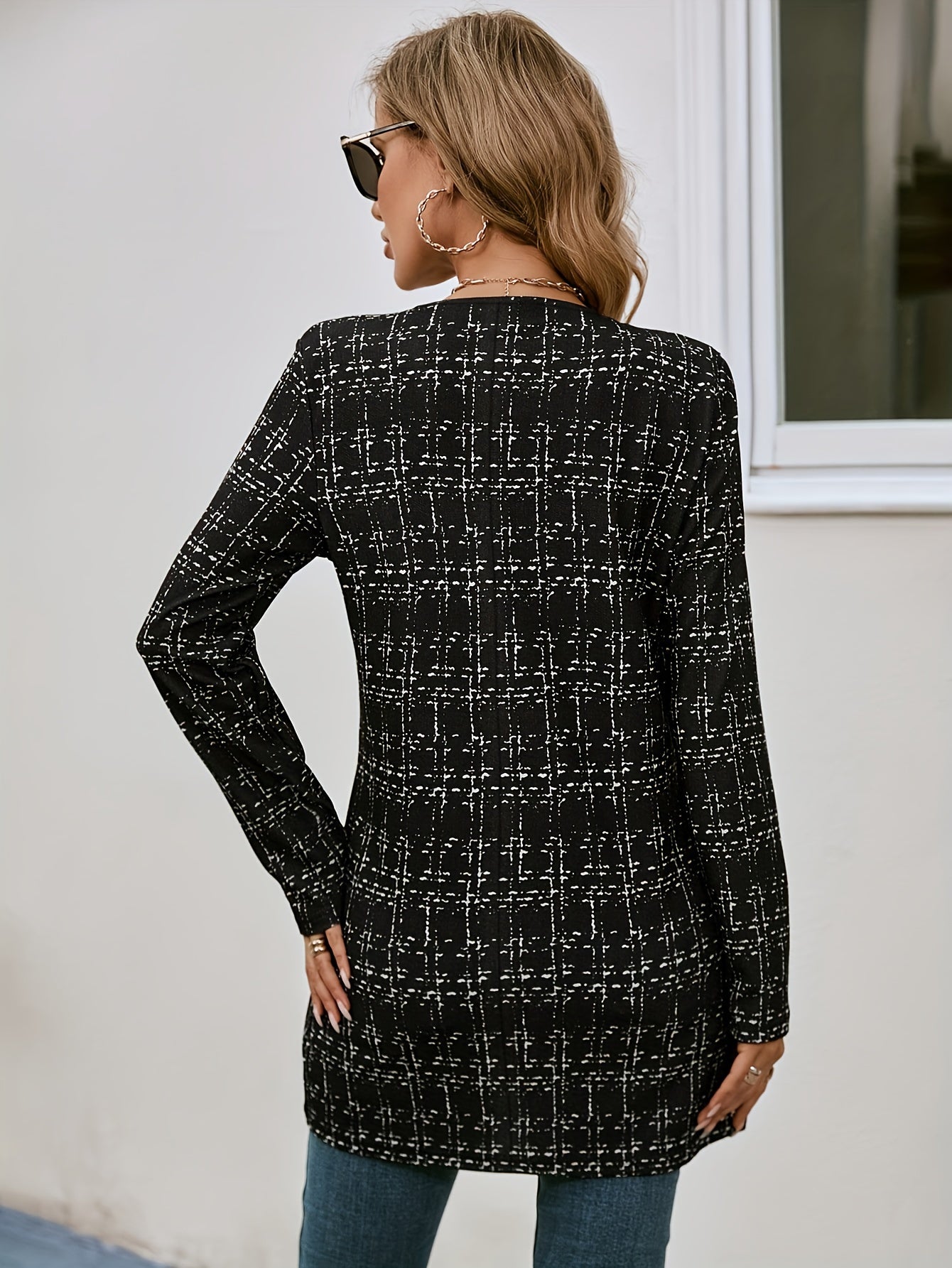 Giacca Aperta Sul Davanti Con Motivo Scozzese, Versatile Capospalla A Maniche Lunghe Per Primavera E Autunno, Abbigliamento Da Donna