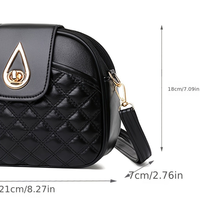 Quilted Detail Circle Bag, Trendy Turn Lock Zipper Purse, Women's Faux Leather Crossbody Bag