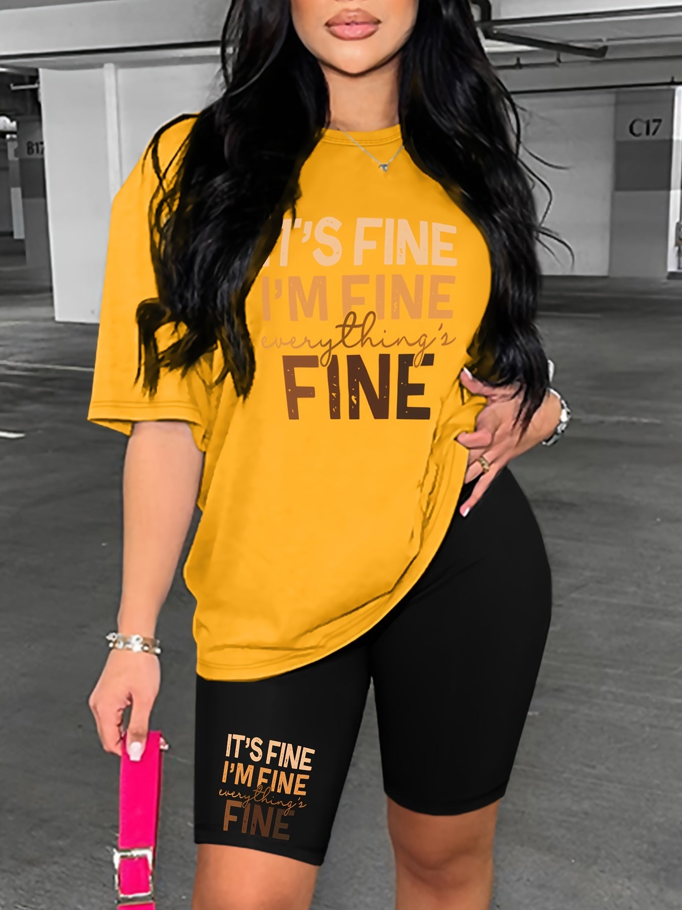 Set Di Due Pezzi Abbinato Con Stampa Di Lettere, T-shirt Casual A Maniche Corte E Pantaloncini Skinny, Abbigliamento Da Donna