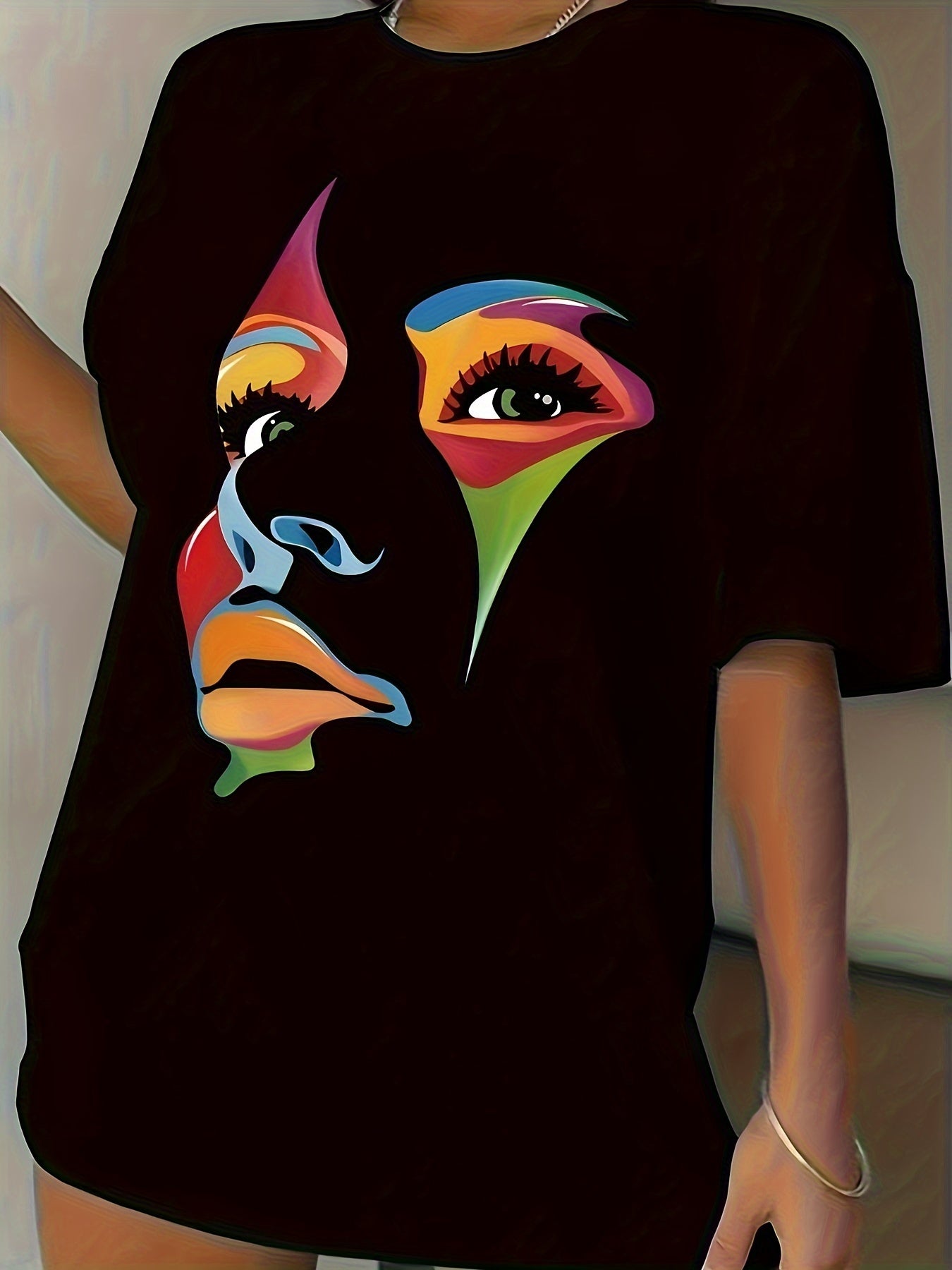 Maglietta Sportiva A Grafica Facciale, Collo Rotondo A Maniche Corte, Top Da Allenamento, Abbigliamento Sportivo Femminile