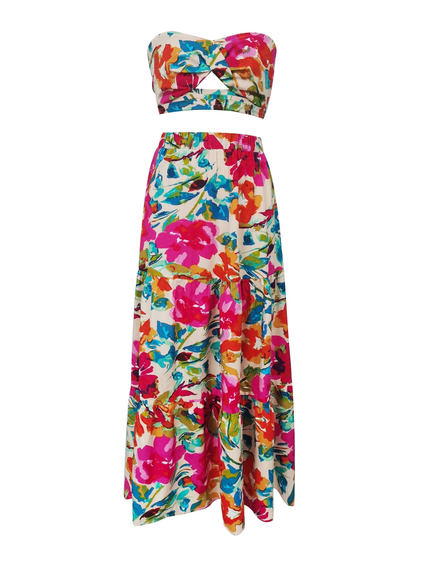 Floral Pattern Summer Elegant Two-piece Skirt Set, Crop Tube Top & Elastic Waist Skirt Outfits, Women's Clothing