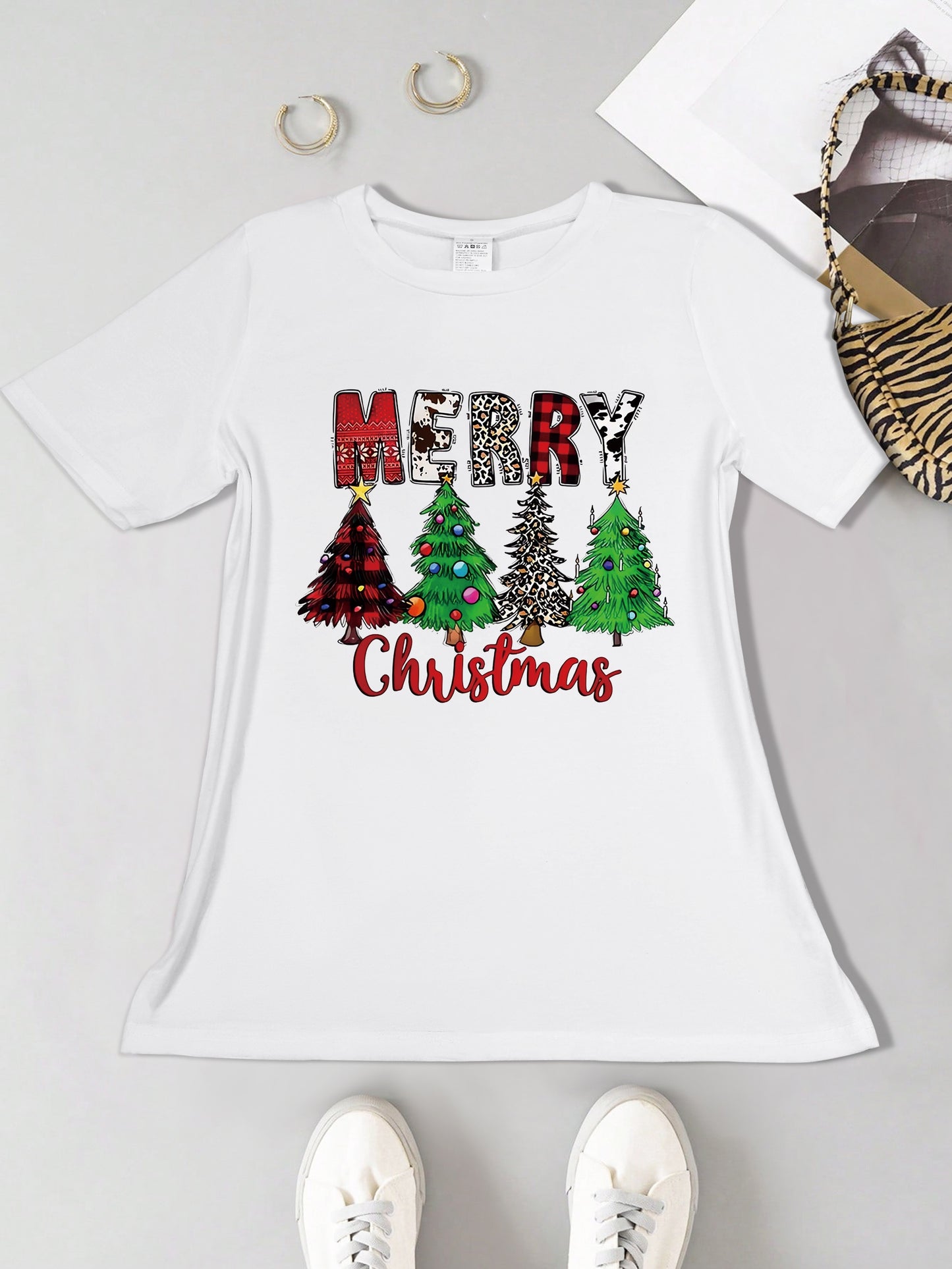Christmas Tree & Letter Print Crew Neck T-Shirt, Casual Short Sleeve Top For Spring & Summer, Women's Clothing