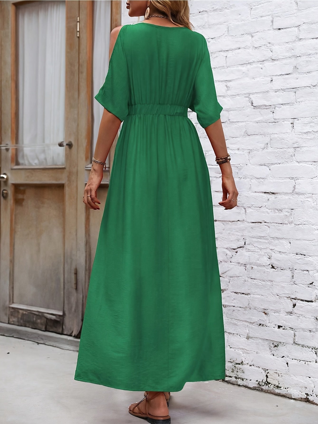 Cold Shoulder Split Dress, Elegant V Neck Dress For Spring & Summer, Women's Clothing