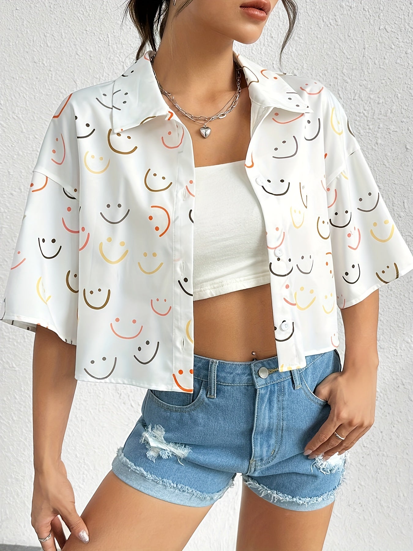 Smile Print Collared Crop Blouse, Casual Button Front Short Sleeve Drop Shoulder Blouse For Spring & Summer, Women's Clothing