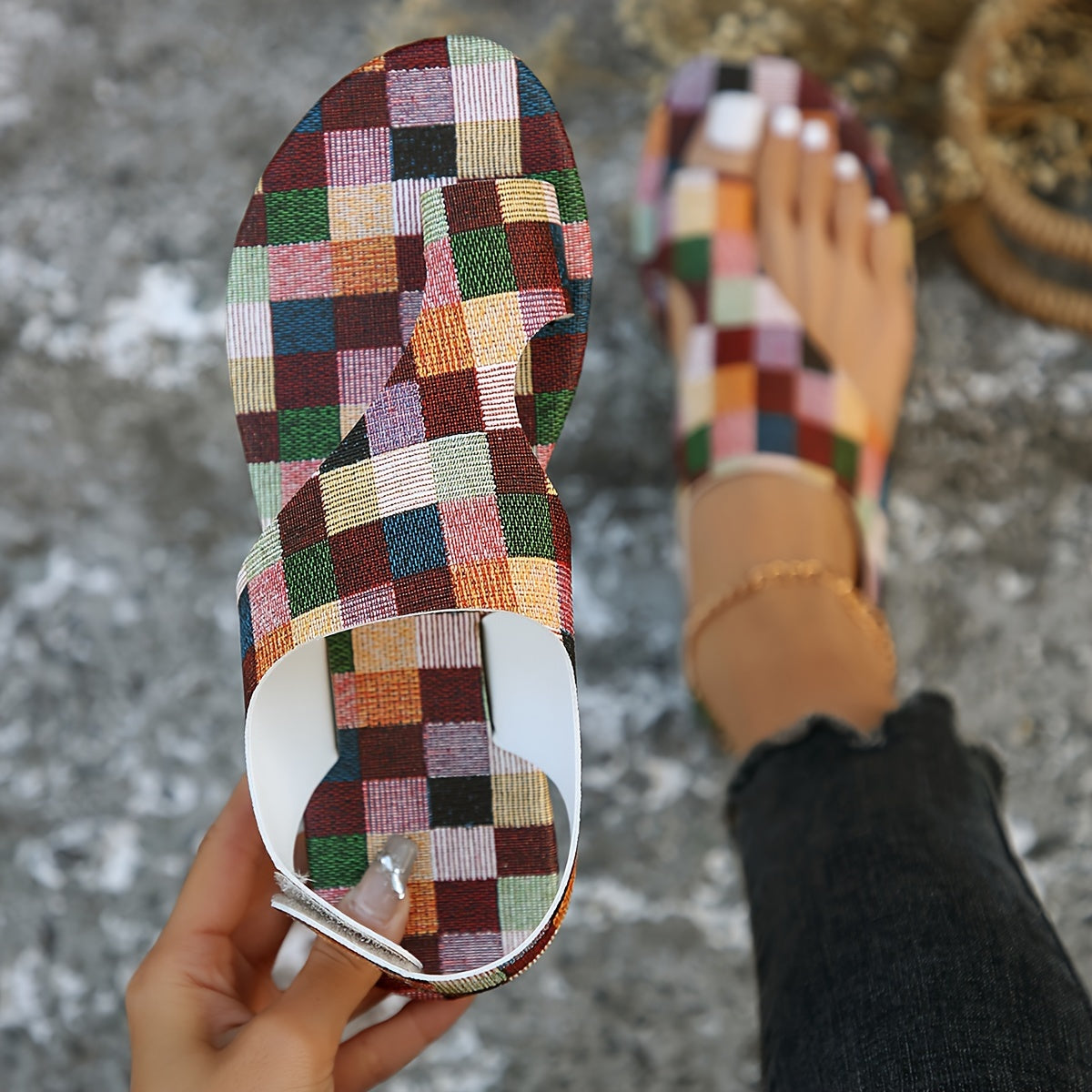 Women's Plaid Pattern Flat Sandals, Casual Loop Toe Summer Shoes, Lightweight Ankle Strap Sandals
