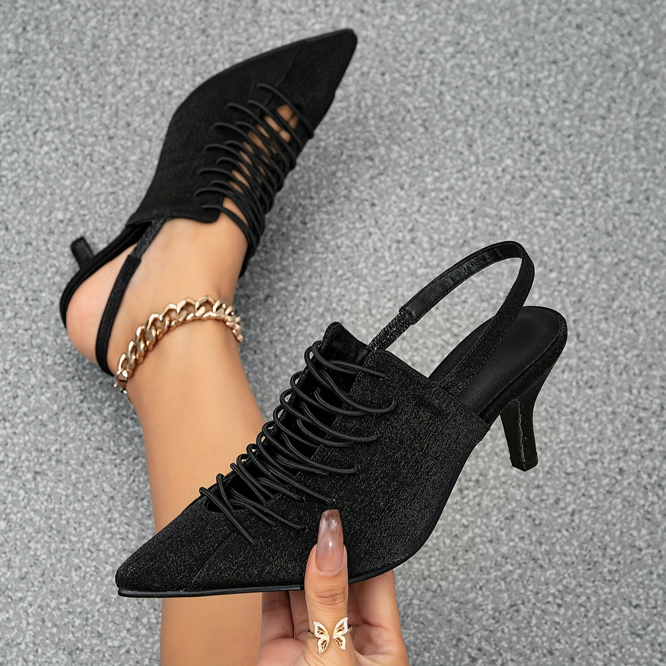 Women's Solid Color Stylish Sandals, Ankle Strap Hollow Out Lace Up Shoes, Pointed Toe Half High Heels