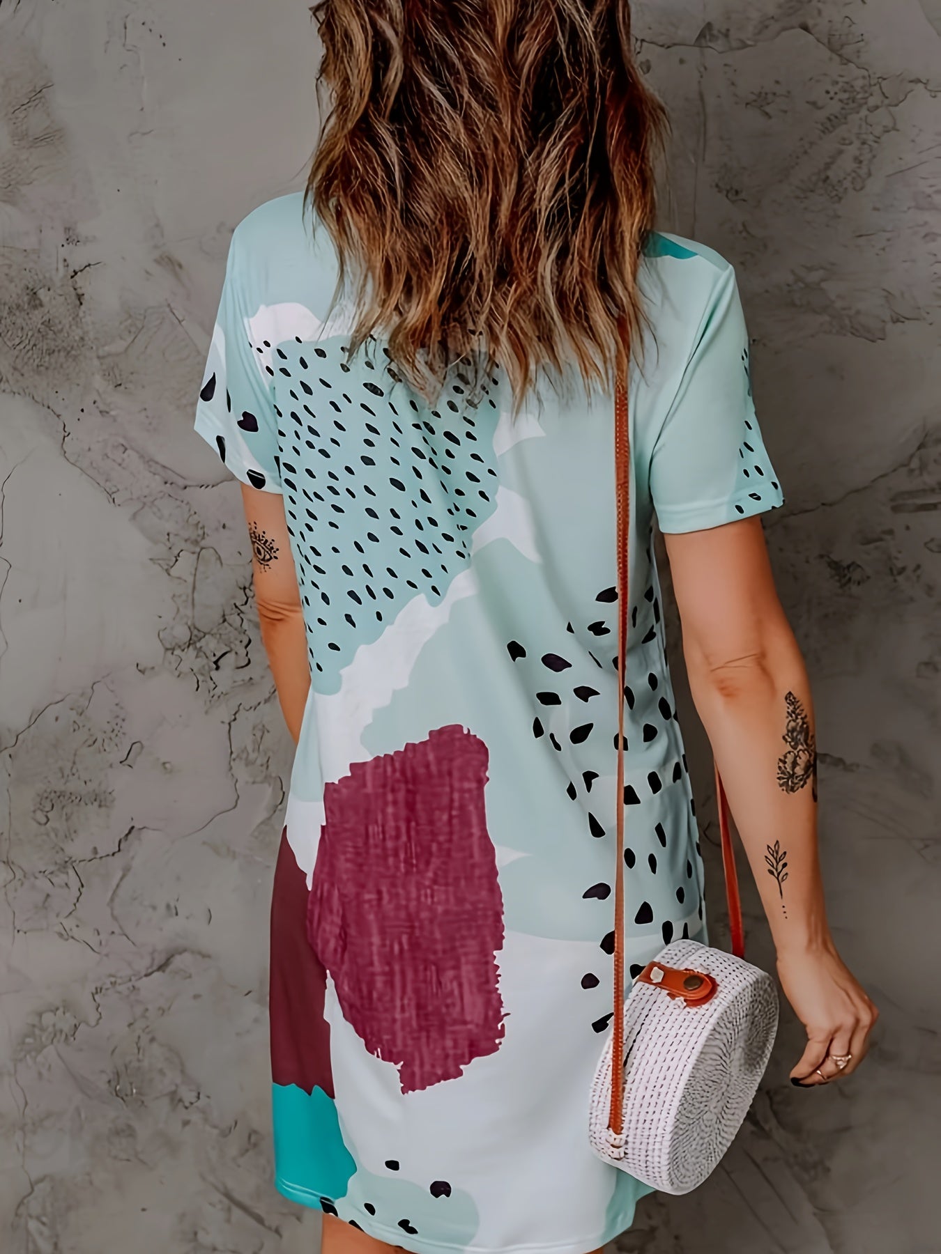 Graphic Print Crew Neck Dress, Casual Short Sleeve Dress For Spring & Summer, Women's Clothing