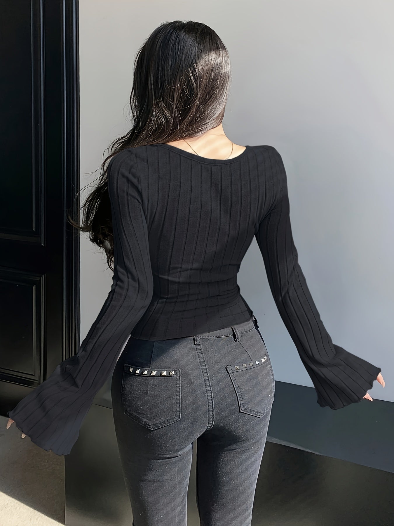 Solid Color Crisscross Ribbed T-Shirt, Sexy Slim Flare Sleeve T-Shirt For Spring & Fall, Women's Clothing
