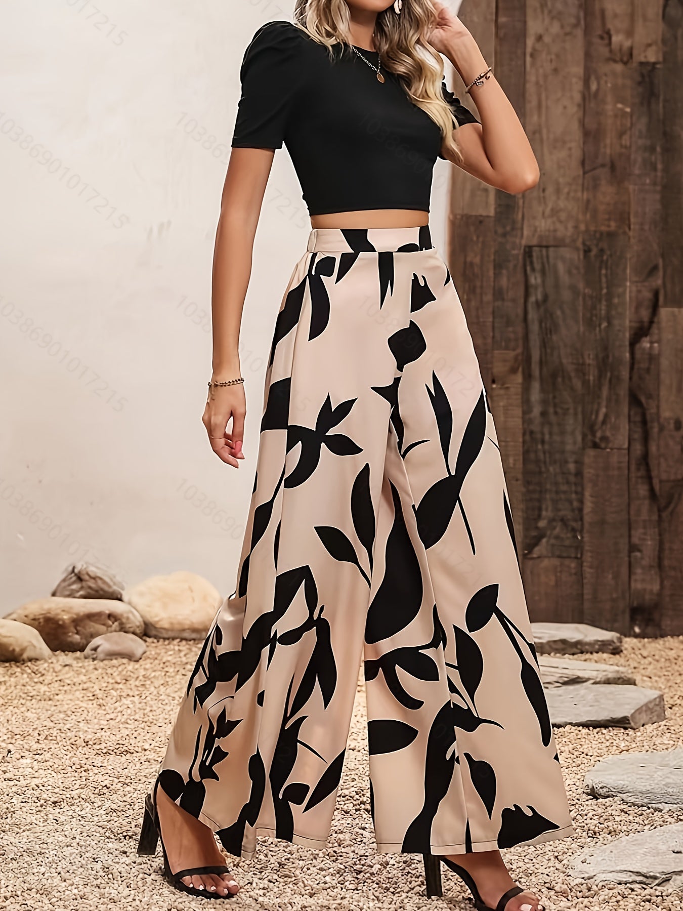 Plant Print High Waist Pants, Elegant Wide Leg Pants For Spring & Summer, Women's Clothing