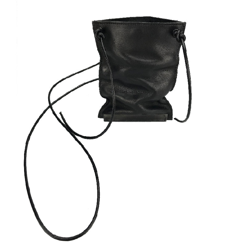 Black leather drawstring pouch on a white background