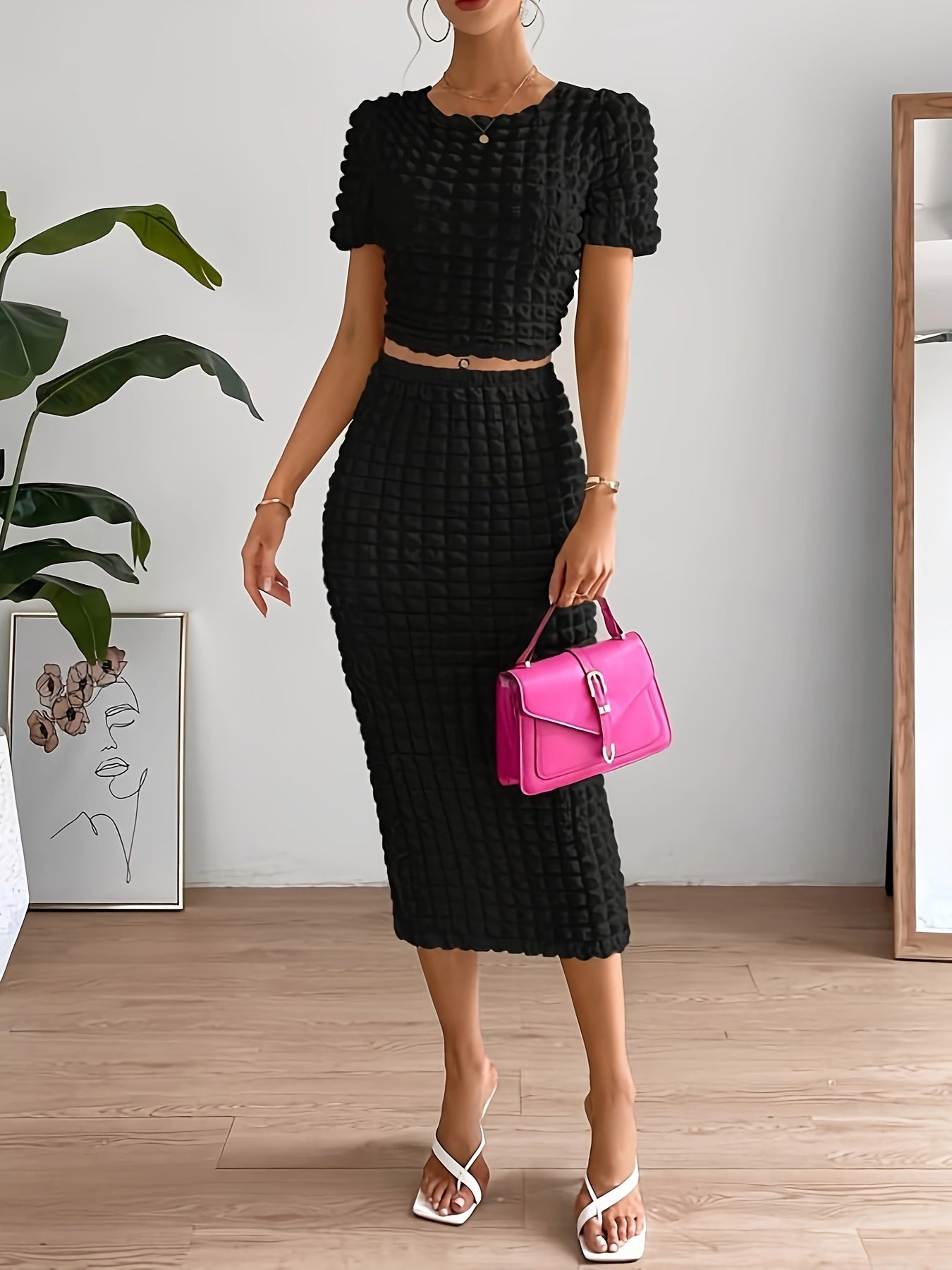 Popcorn Style Textured Two-piece Skirt Set, Crop Short Sleeve Top & Fit Midi Skirt Outfits, Women's Clothing