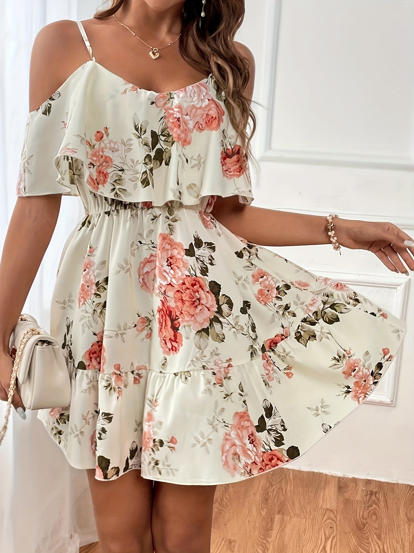 Floral Print Cold Shoulder Dress, Casual Short Sleeve Dress For Spring & Summer, Women's Clothing