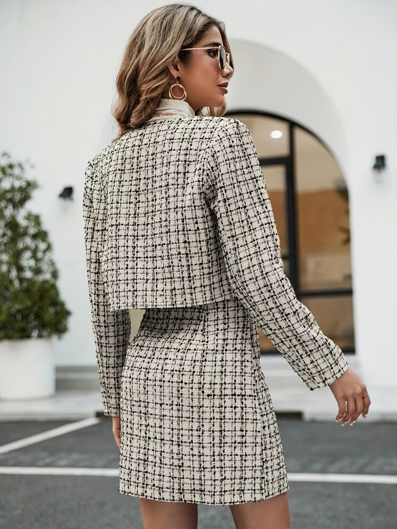 Elegant Plaid Print Skirt Set, Open Front Long Sleeve Outwear & Button Decor High Waist Mini Skirt Outfits, Women's Clothing