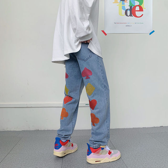 Voguable 2021 Men's Embroidery Straight Pants Stretch Slim Fit Casual Pants Cargo Pocket Skinny Jeans Biker Denim love Printing Trousers