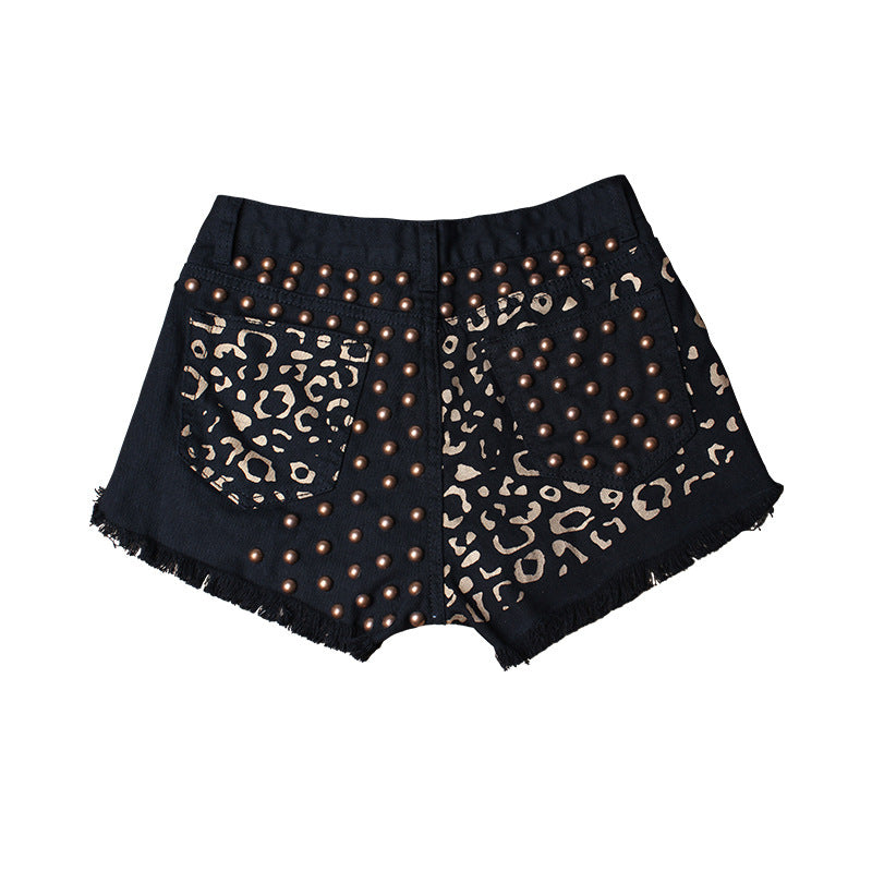 European station AliExpress hole rivets denim European and American shorts loose wide feet high waist printed hot pants