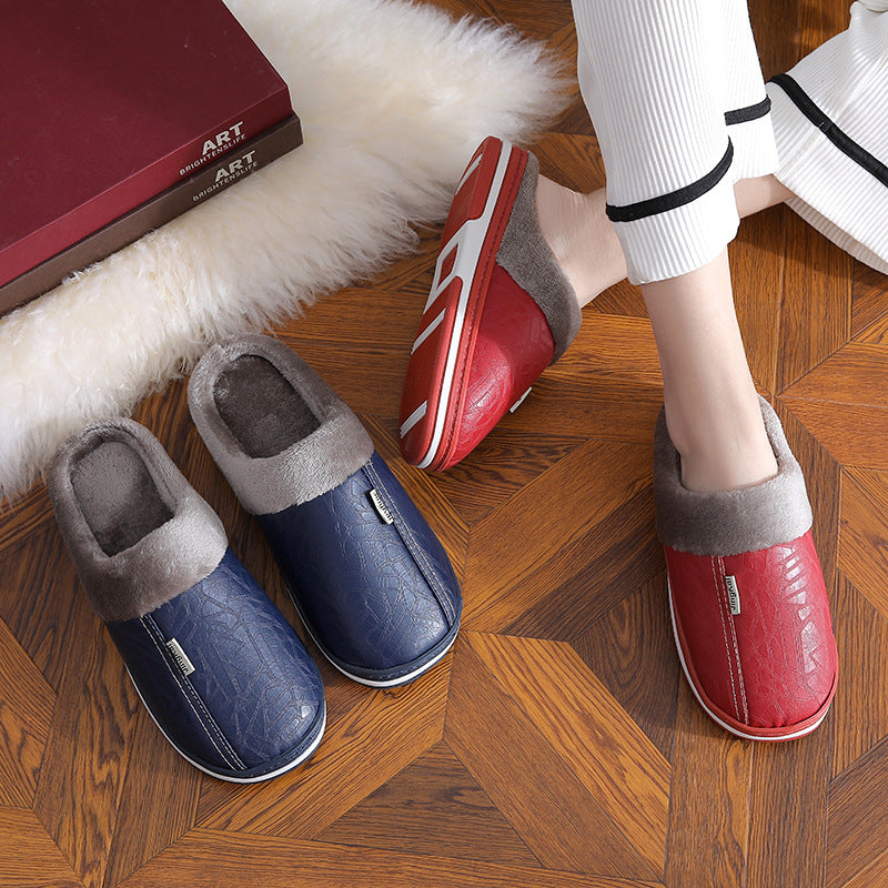 2021 autumn and winter new home waterproof pu cotton slippers couple indoor plush cotton slippers female month slippers