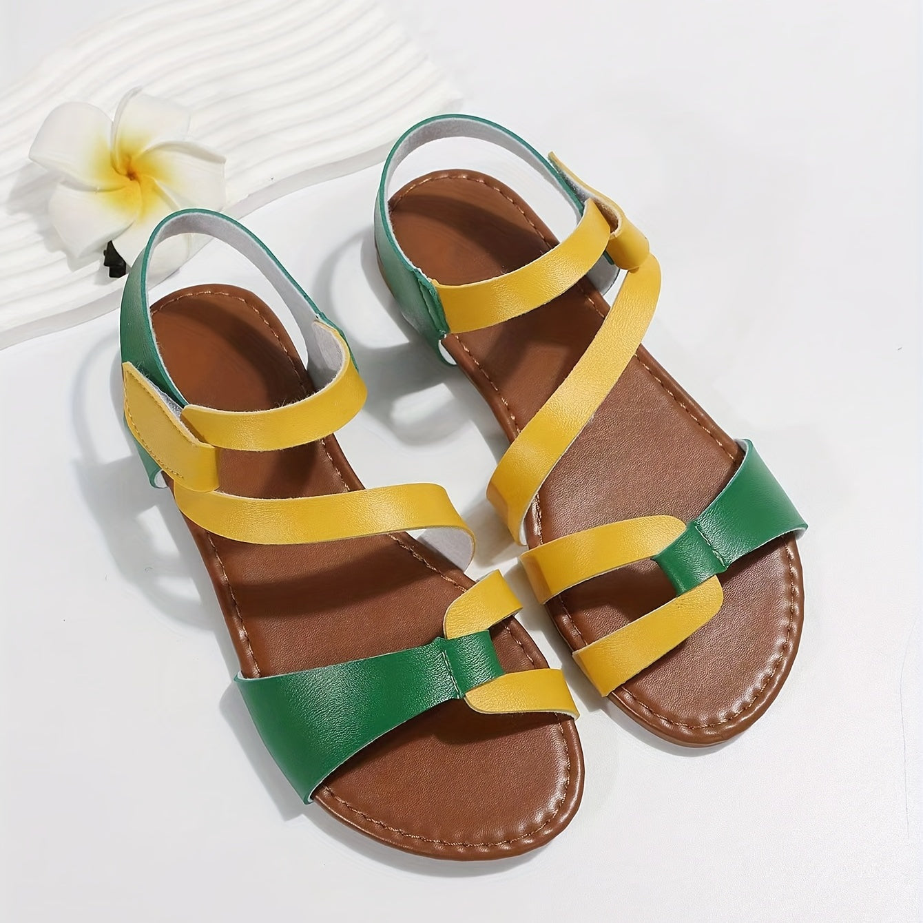 Women's Contrast Color Flat Sandals, Trendy Hook & Loop Strap Sandals, Lightweight Beach Sandals