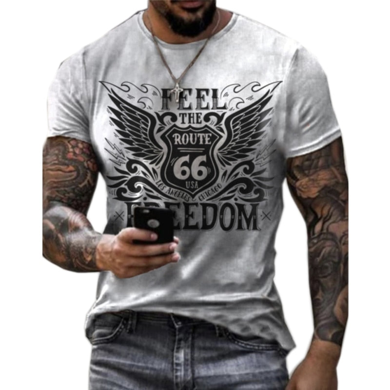 Jinquedai Route 66 Letter Print T-Shirt Men Summer Short Sleeve Casual Sportwear Tees Highway Style Loose Male Clothes Breathable Tops
