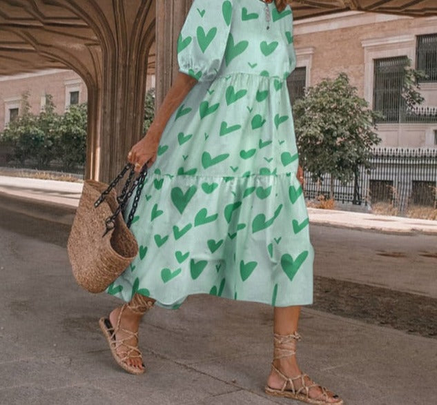 Summer O Neck Sundress VONDA Women Bohemian Dress Short Puff Sleeve Dresses Elegant Heart Printed Long Vestido Robe Sarafans 5XL