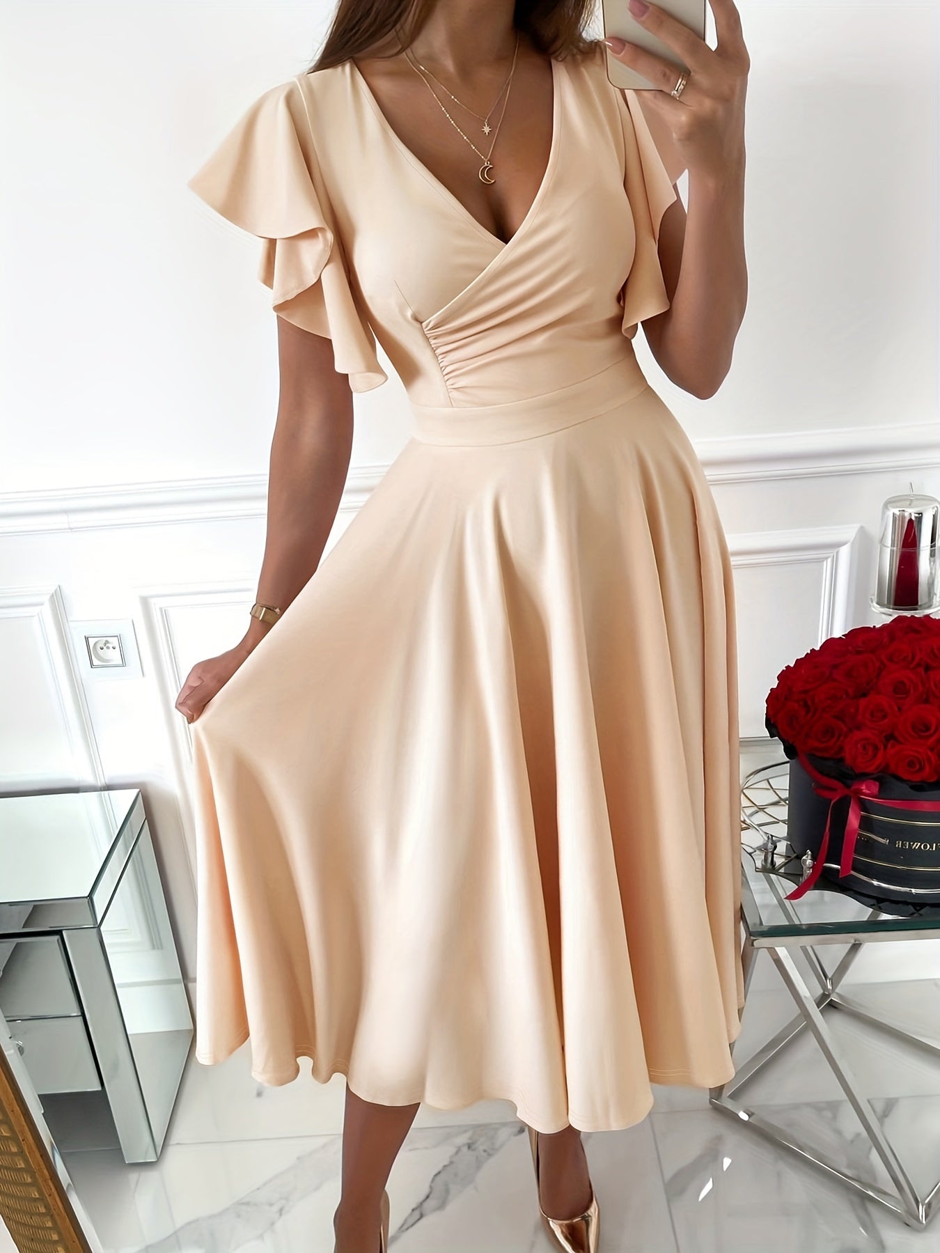 Solid Color Flutter Sleeve Dress, Elegant Surplice Neck A-line Dress, Women's Clothing