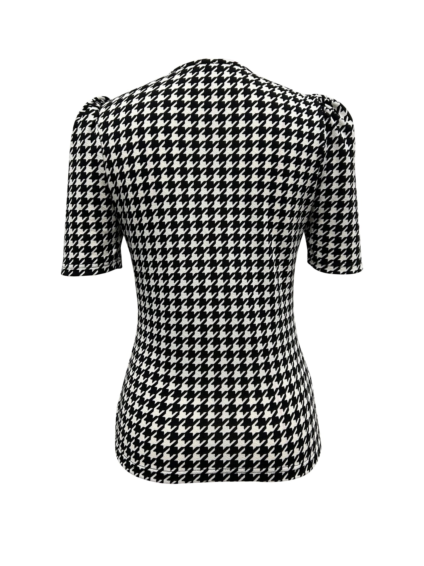 Houndstooth Print V Neck Blouse, Elegant Short Puff Sleeve Blouse For Spring & Summer, Women's Clothing