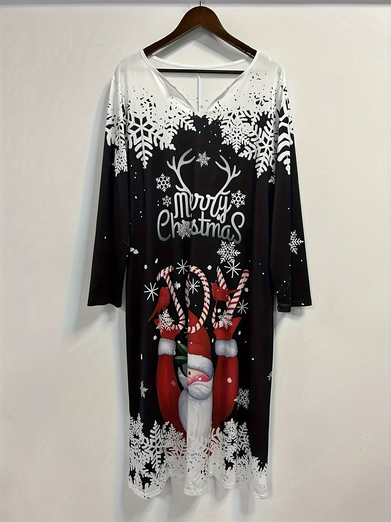Plus Size Christmas Dress, Women's Plus Santa Claus & Slogan Print Long Sleeve Notched Neck Tee Dress
