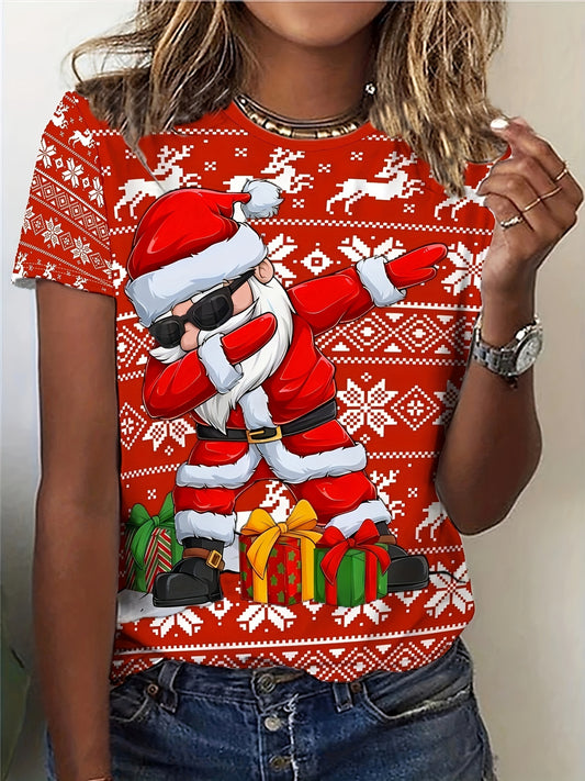 Christmas Santa Claus Print T-Shirt, Casual Crew Neck Short Sleeve Top For Spring & Summer, Women's Clothing