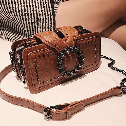 Retro Studded Decor Crossbody Bag, Women's Small Chain Shoulder Bag, Luxury Buckle Decor Square Purse