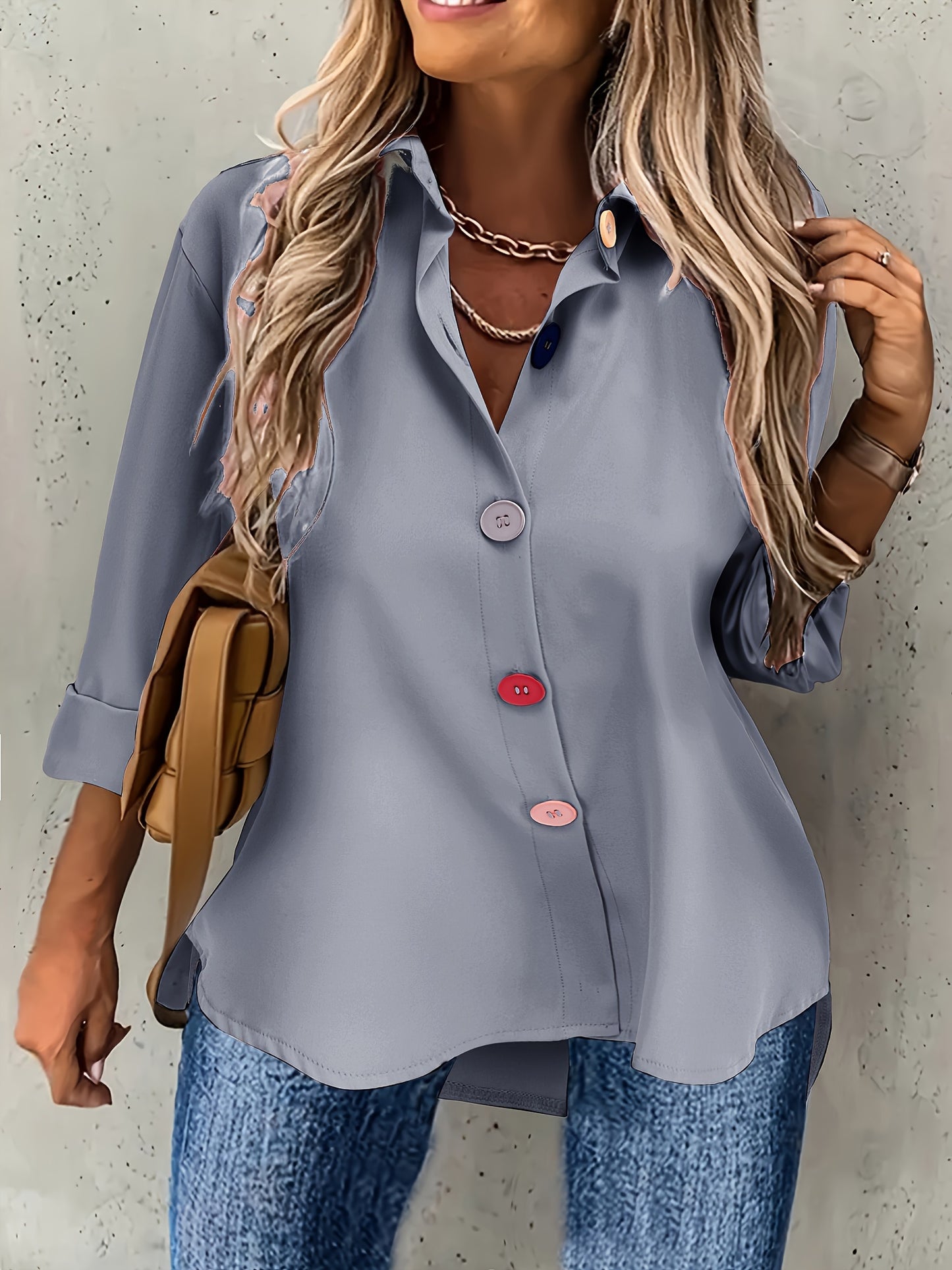 Colorful Button Front Simple Shirt, Versatile Long Sleeve Shirt For Spring & Fall, Women's Clothing