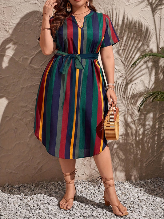 Plus Size Striped Pattern Dress, Notched Neck Short Sleeve Casual Dress, Women's Plus Size Clothing