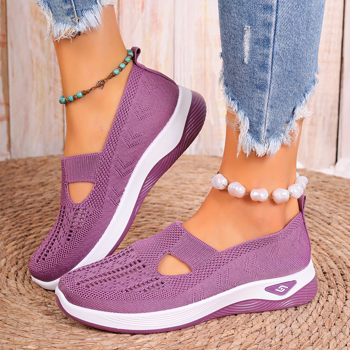 Women's Knitted Sports Shoes, Breathable Cut-out Slip On Walking Trainers, Casual Outdoor Sneakers