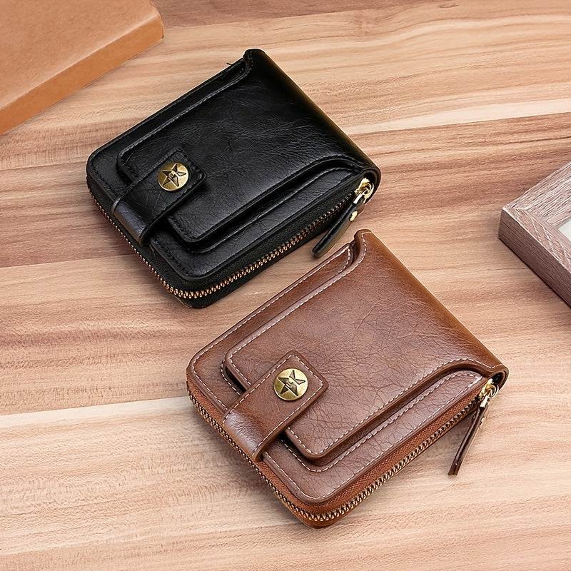 1pc Men's PU Leather Solid Color Business Wallet, Card Holder With Zipper & Button, Valentine's Day Gift For Men