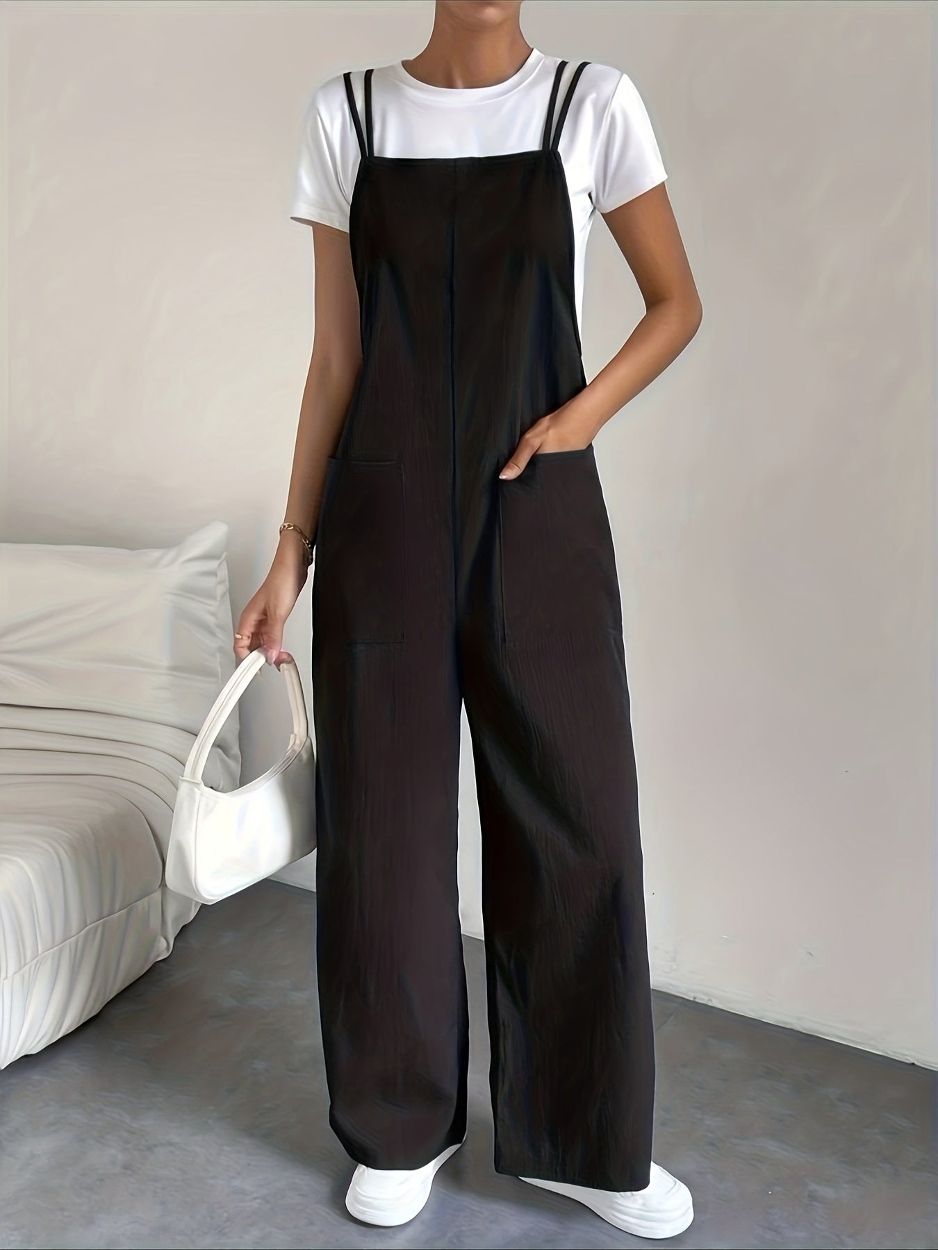 Solid Wide Leg Overall Jumpsuit, Casual Sleeveless Strap Overall Jumpsuit For Spring & Summer, Women's Clothing