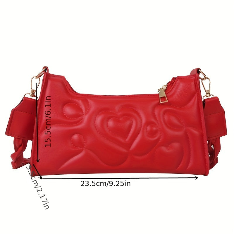Heart Embroidery Shoulder Bag, Fashion Pleated Underarm Purse, Women's Zipper Handbag With Braided Strap Valentine's Day gift
