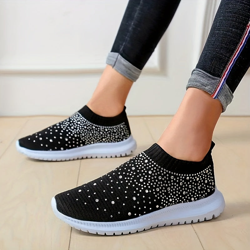 Women's Rhinestone Sock Shoes, Comfortable Low Top Slip On Sports Shoes, Casual Walking Sneakers