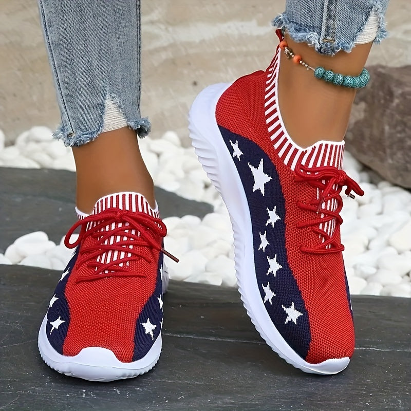 Women's Star Pattern Sneakers, Casual Lace-up Running Shoes, Breathable Knitted Sports Shoes