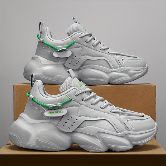 Men's Trendy Solid Chunky Shoes, Comfy Non Slip Casual Lace Up Soft Sole Sneakers For Men's Outdoor Activities