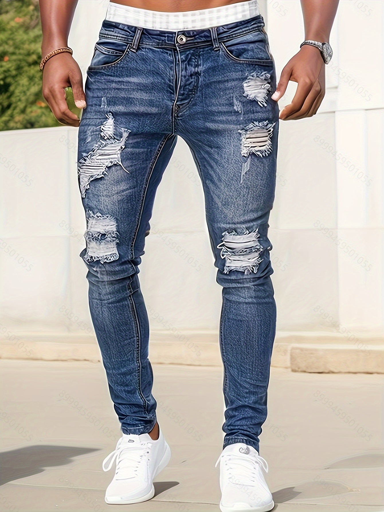 Slim Fit Ripped Jeans, Men's Casual Street Style Distressed Medium Stretch Denim Pants