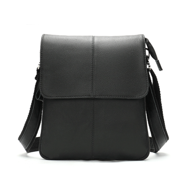 Black leather crossbody bag on a white background