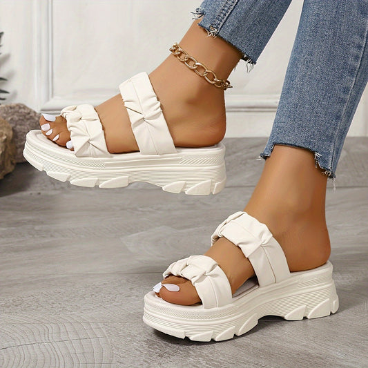 Women's Pleated Design Platform Sandals, Casual Open Toe Summer Shoes, Comfortable Slip On Sandals