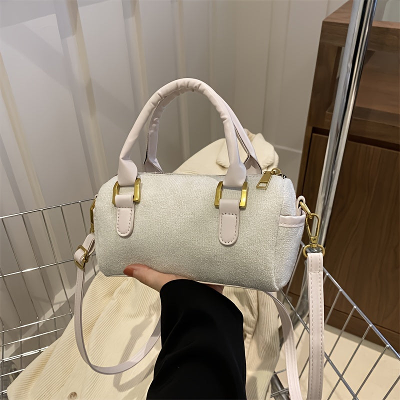 Retro Boston Handbag For Women, Solid Color Mini Crossbody Bag, Trendy Cylinder Bucket Bag, Purse For Women