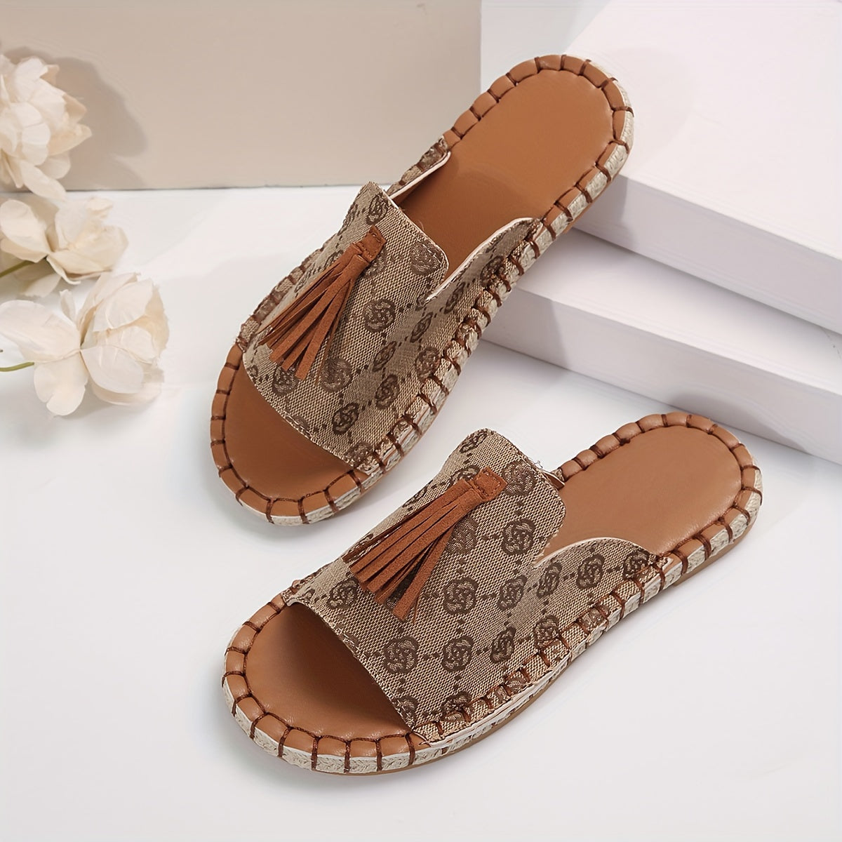 Women's Rose Pattern Flat Slides, Tassel Decor Peep Toe Espadrille Sole Shoes, Casual Summer Outdoor Slide Sandals