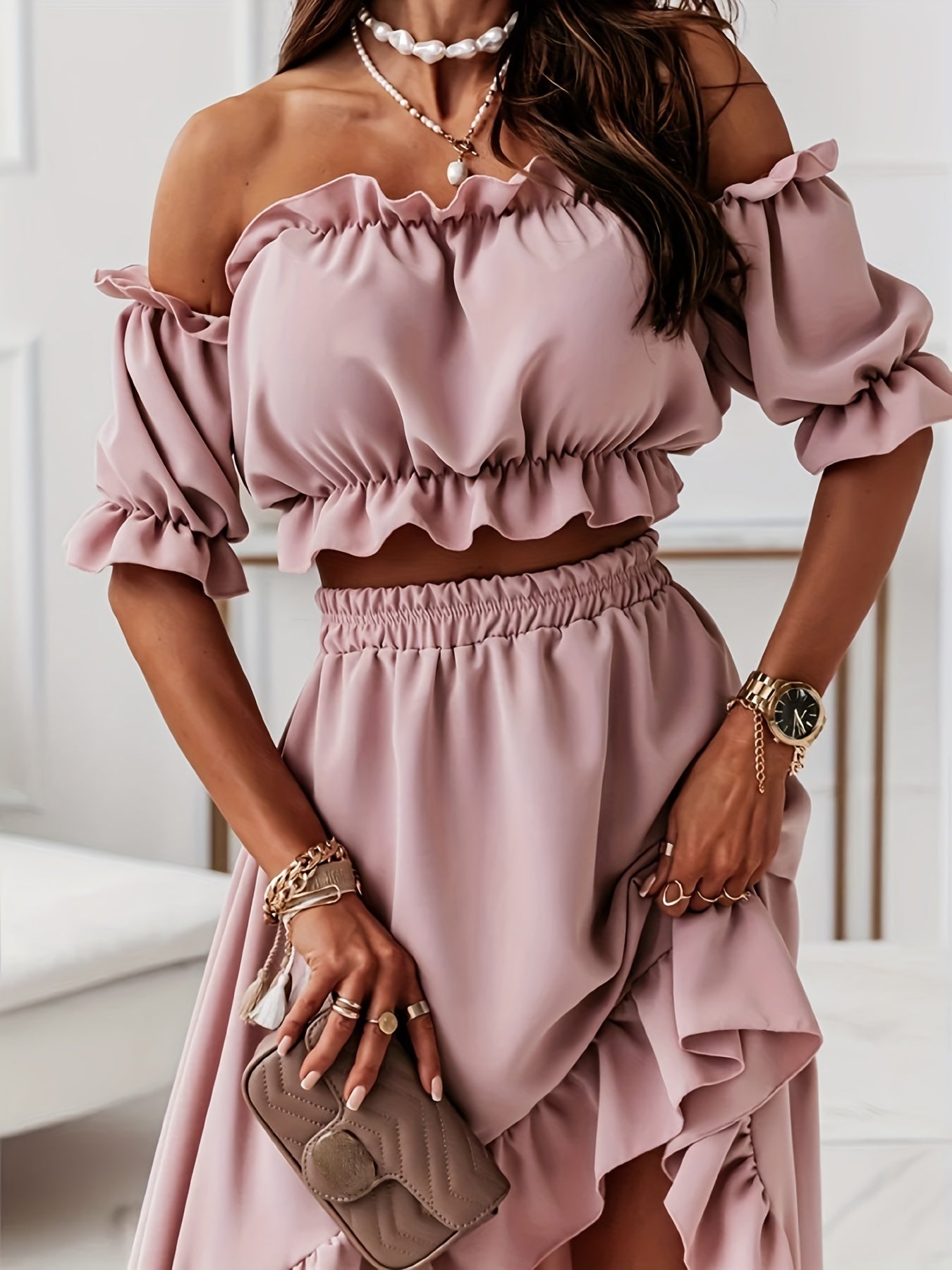 Solid Ruffle Trim Two-piece Set, Off Shoulder Short Sleeve Tops & Dipped Hem Elastic Waist Skirts Outfits, Women's Clothing