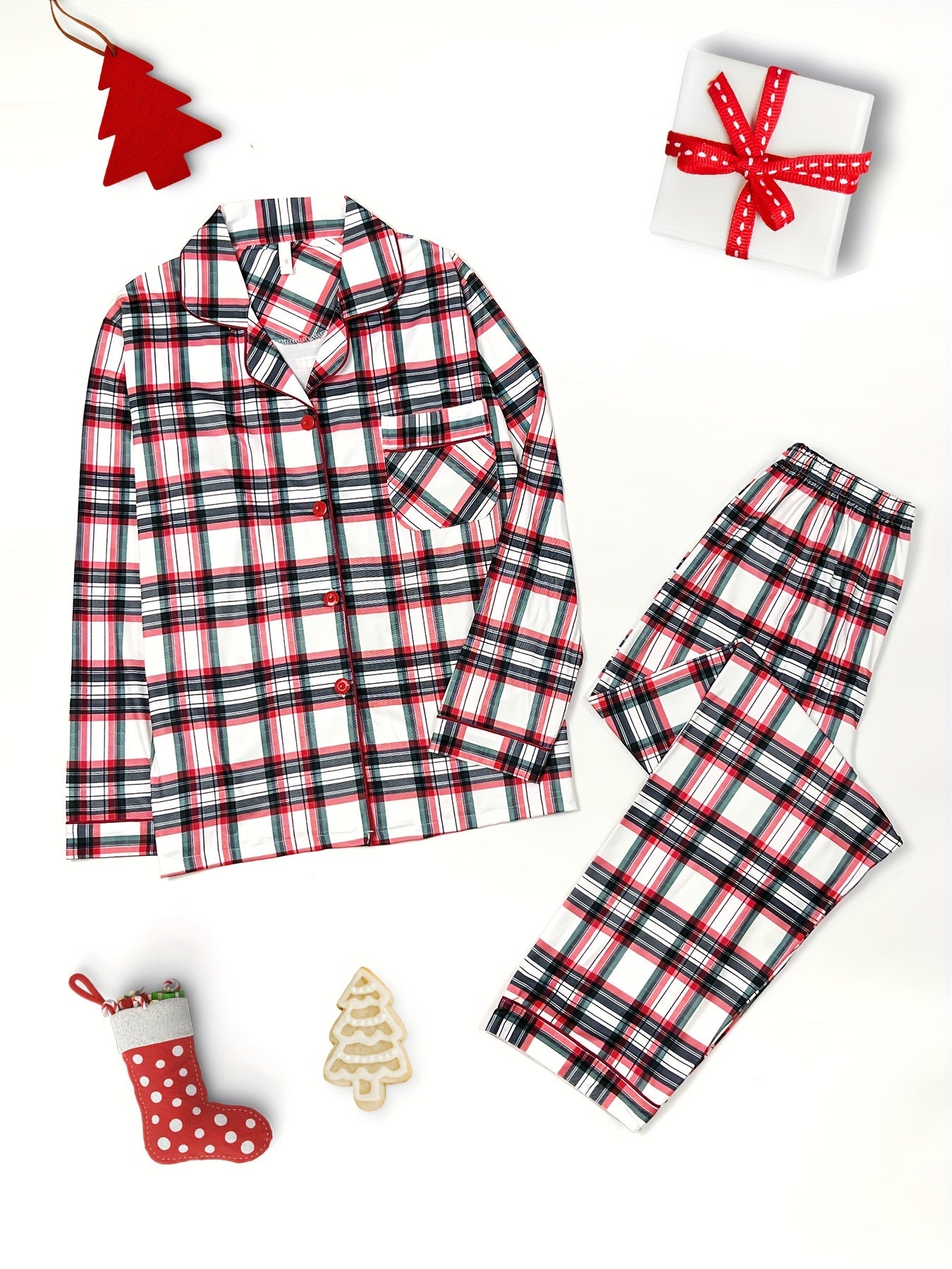 Christmas Plaid Print Pajama Set, Long Sleeve Buttons Top & Elastic Waistband Pants, Women's Sleepwear & Loungewear
