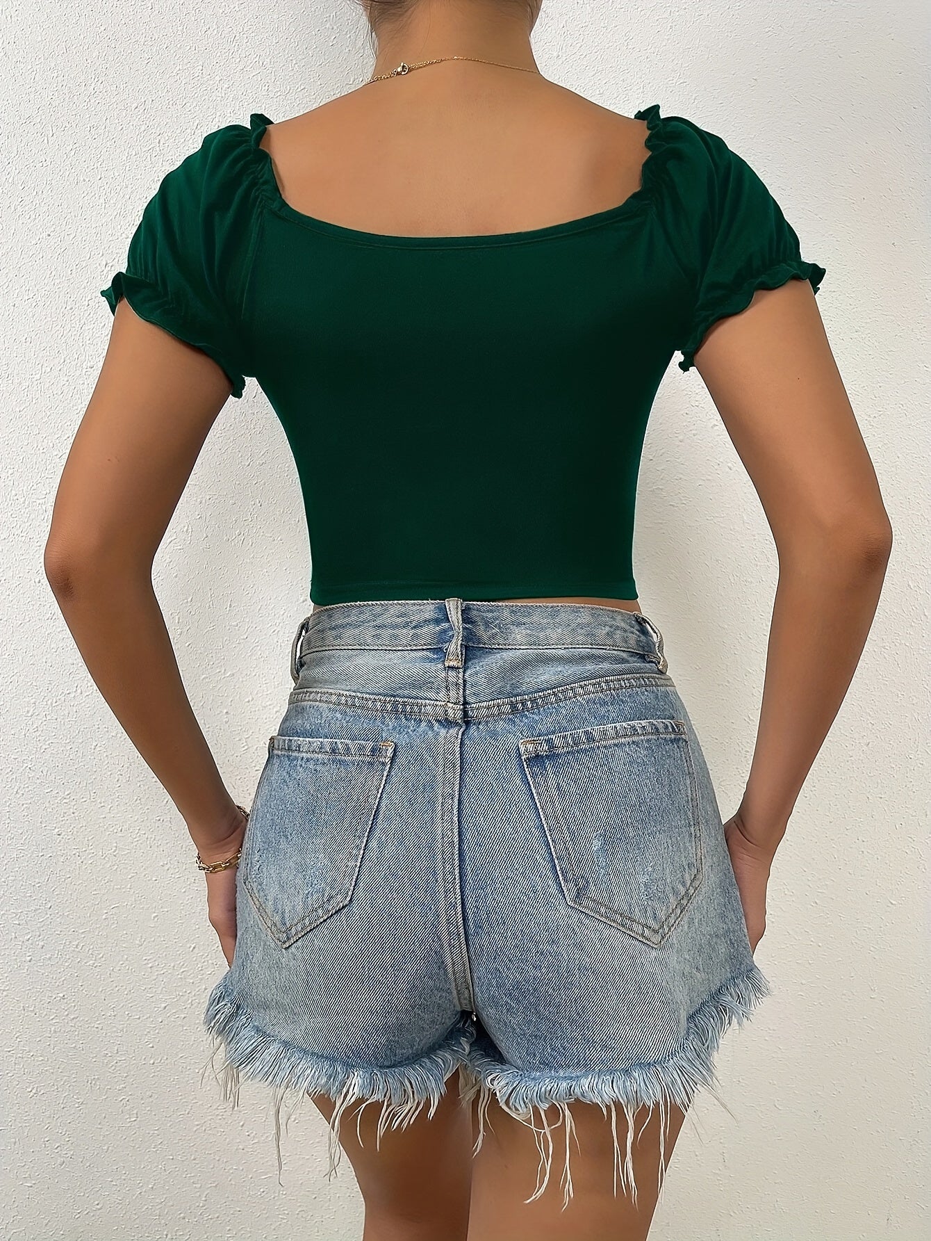 Maglietta A Collo A Cuore Solido, Elegante Crop Top Arricciato Con Maniche A Sbuffo, Abbigliamento Da Donna