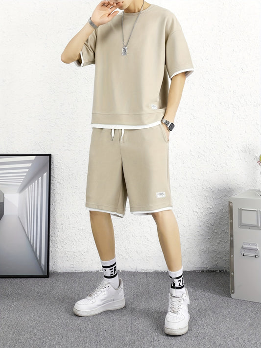 Men's 2 Piece Outfits, Solid Color, Faux Two-Piece Casual Graphic Crew Neck T-shirt And Loose Drawstring Shorts Set, Men’s Clothing