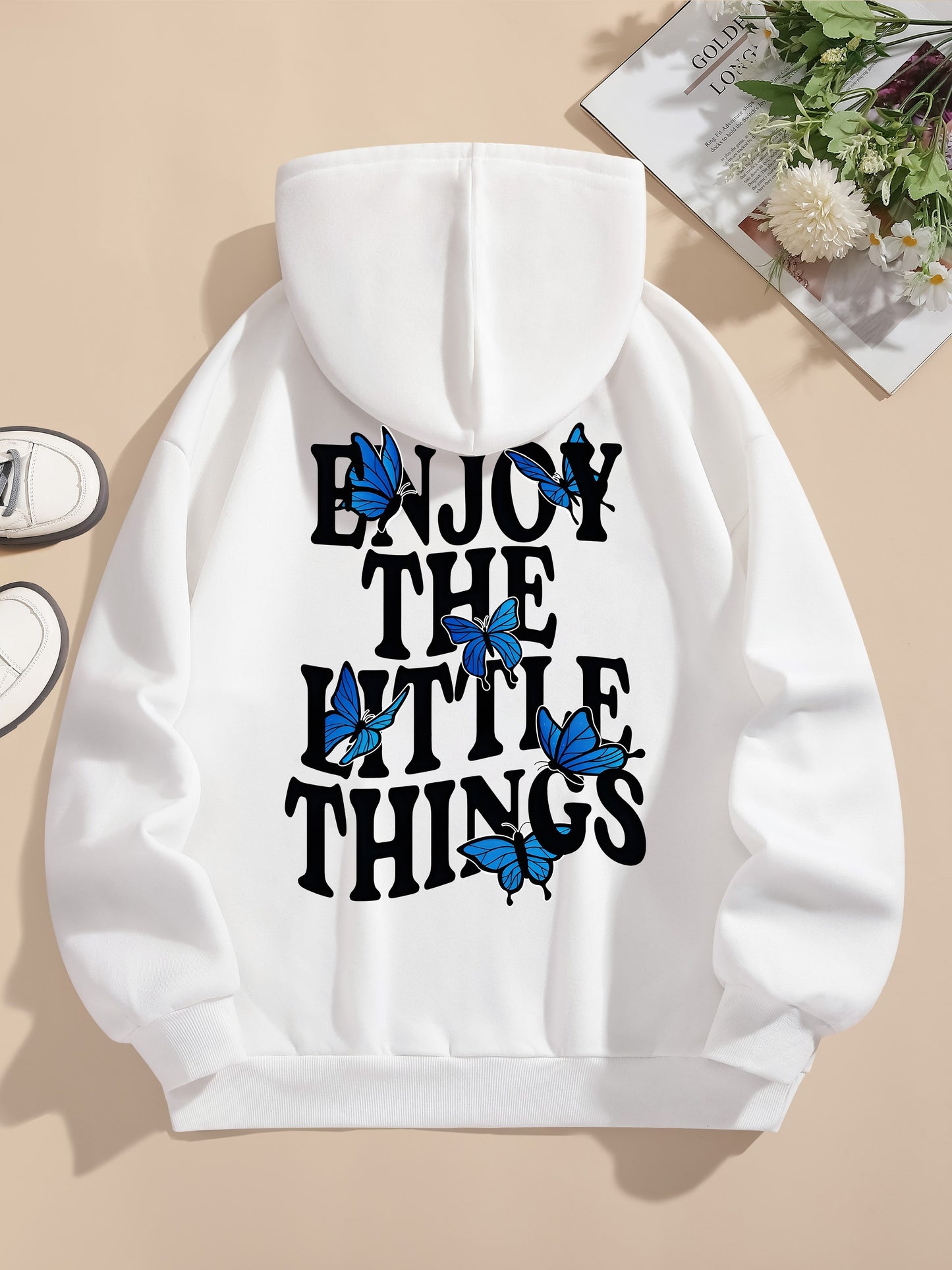 Felpa Con Cappuccio Con Tasca A Marsupio Con Stampa Di Farfalle E Lettere, Felpa Con Cappuccio Con Coulisse A Maniche Lunghe Casual, Abbigliamento Da Donna