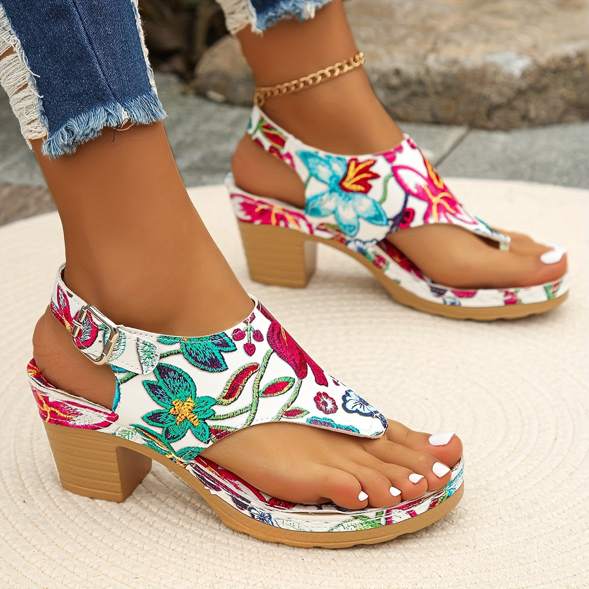 Women's Floral Print Thong Sandals, Fashion Ankle Strap Slingback Block Heels, All-Match Going Out Clip Toe Shoes